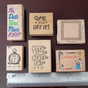 Lot of 6 Vintage Wooden Rubber Stamps; Invitations, Frame, Created By, Clock