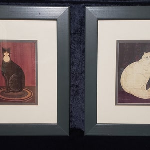 2 Country Cat Prints in Green Wooden Frames