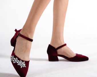 Burgundy low store block heels