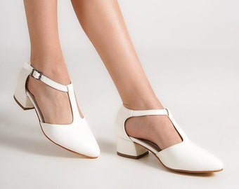 WHITE MARY JANES, T-Strap Shoes, Bridal Shoes, White Vegan Leather Heels, Low Block Heels, Wedding Shoes for Bride, Wedding Heels