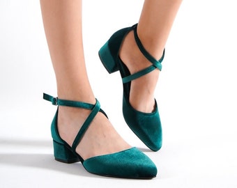 GREEN CROSS SHOES, Green Low Block Heels, Wedding Flats for Bride, Bridal Shoes, Velvet Bride Shoes, Criss Cross Wedding Shoes