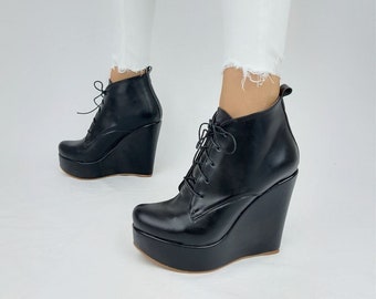 lace up black wedge booties