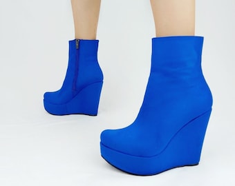 Blue Suede Leather Boots Wedge Heels 