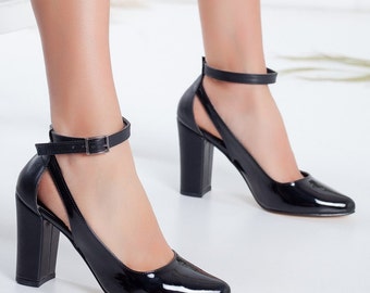 BLACK AESTHETIC SHOES, High Heels, Handmade Patent Leather Black Shoes, Beautiful Black Color Heel and Pumps for Her, Women Bridal Shoes