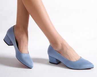 BLUE LOW SHOES, Baby Blue Classic Shoes, Boho Low Heels, Light Blue Bridal Heels, Wedding Flats for Bride, Casual Shoes, Suede Leather Shoe