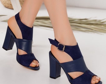 BLUE MODERN SANDALS, Unique Daily Ankle Shoes, Vegan Suede Leather Detail Shoes, Beautiful Casual Wedding Stripe Heels, Vegan gift for Her