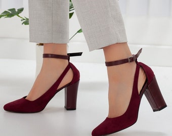 BURGUNDY HEELS SHOES, Bridal Ankle Heels, Burgundy Stripe Shoes, Modern Women Suede Leather Shoes, Heeled Party Wear Shoes, Gift for Wife