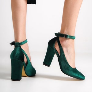 GREEN VELVET HEELS, Dark Green Velvet Bridal Shoes, Emerald Green ...