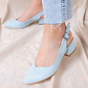 BLUE BRIDAL SHOES, Suede Bridal Shoes, Baby Blue Block Heel, Wedding Flats for Bride, Light Blue Heels, Slingback Shoes, Classic Shoes