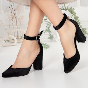 Black velvet chunky heels sales
