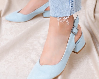 BLUE BRIDAL SHOES, Suede Bridal Shoes, Baby Blue Block Heel, Wedding Flats for Bride, Light Blue Heels, Slingback Shoes, Classic Shoes