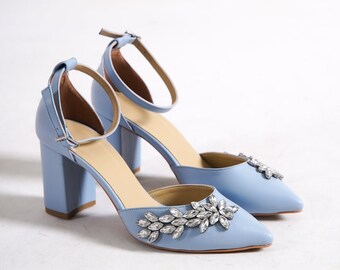 BLUE ANKLE SHOES, Light Blue High Heels, Baby Blue Rhinestone Shoes, Wedding Heel, Bridal Block Heels, Classic Wedding Shoe, Jewelry Charmed