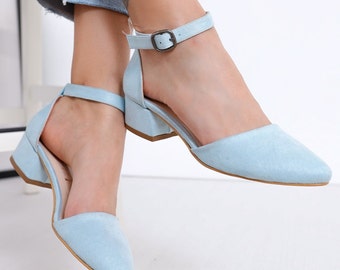 BLUE SUEDE SHOES, Low Heels, Baby Blue Low Heels Pumps, Light Blue Bridal Shoes, Women Accessories, Casual Shoes, Gift for Friend