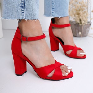 Red leather block heels outlet