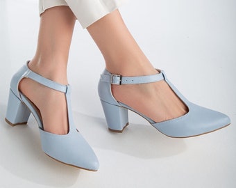 BLUE MARY JANES, T-Strap Shoes, Bridal Shoes, Baby Blue Vegan Leather Heels, Medium High Block Heels, Wedding Shoes for Bride, Wedding Heels