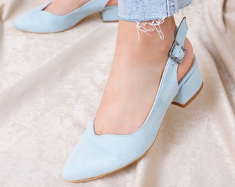 BLUE BRIDAL SHOES, Suede Bridal Shoes, Baby Blue Block Heel, Wedding Flats for Bride, Light Blue Heels, Mary Jane Shoes, Classic Shoes