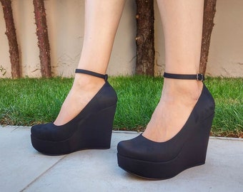 black closed toe wedges with ankle strap