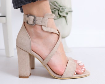 nude suede strappy heels