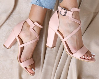 light pink block heels
