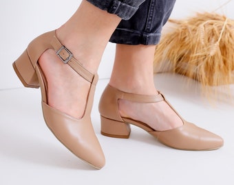 brown vintage heels mary jane pumps t strap block heels