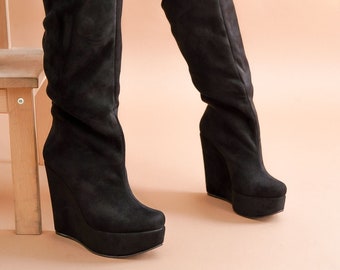 wedge thigh boots