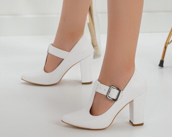 white t strap heels