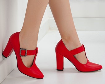 bright red block heels