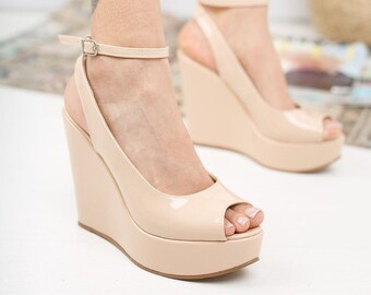 nude platform wedges