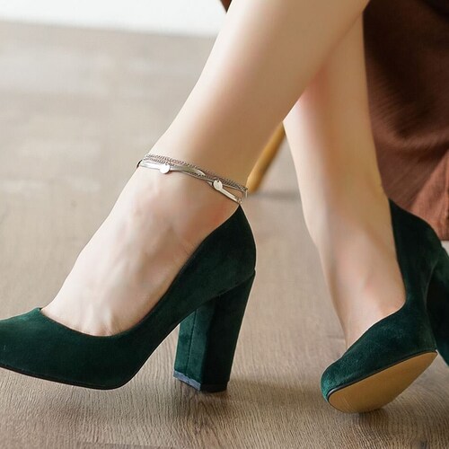 green velvet block heels