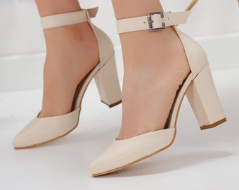 nude closed toe block heels