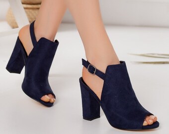 open toe navy blue heels