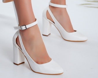 white ankle strap heels closed toe