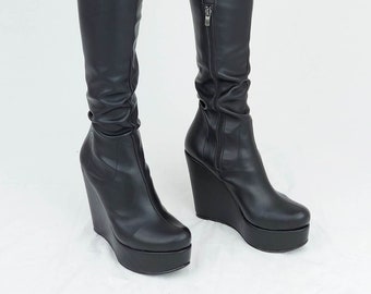 low wedge knee high boots