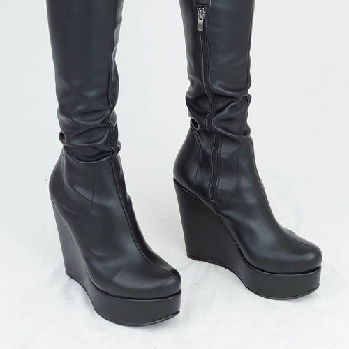 BLACK WEDGE BOOTS Over the Knee Boots 