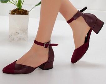 burgundy shoes block heel