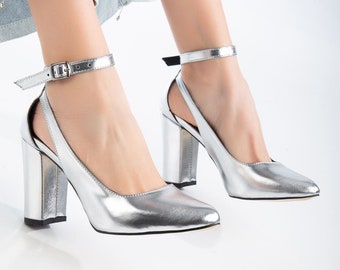 SILVER AESTHETIC SHOES, Bridal High Heels, Handmade Patent Leather Silver Shoes, Silver Heels and Pumps for Her, Women Bridal Shoes