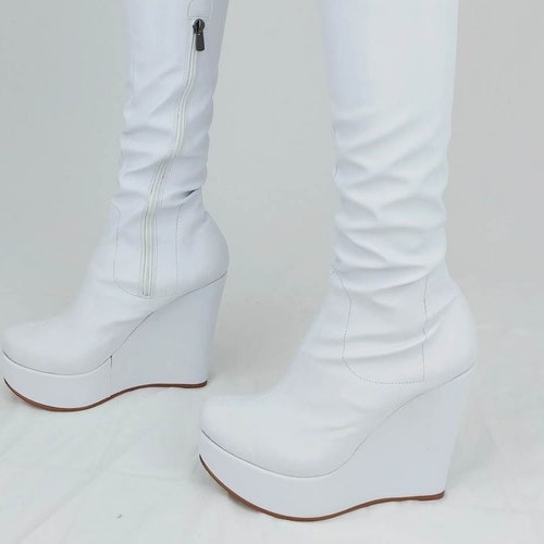 WHITE WEDGE BOOTS Over the Knee Boots 