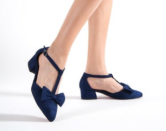 BLUE JANES T-strap Suede Shoes Navy Blue Low Block Etsy