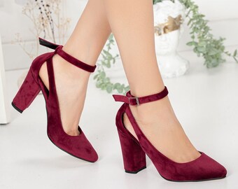 burgundy shoes block heel