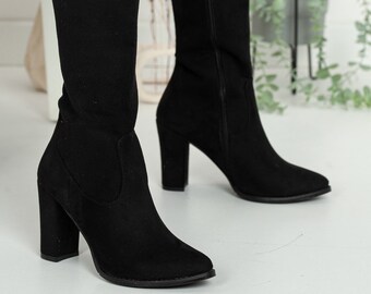 black suede midi boots