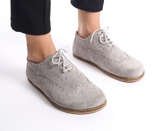 Gray Barefoot Oxford Moccasins, Mocassins for Women, Genuine Leather Zero Drop Moccasin, Women Barefoot Moccasin, Gray Earth Grounding Shoes