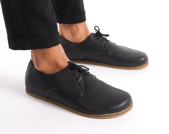 Black Barefoot Lace Up Oxford Shoes, Black Oxford Shoes Men, Zero Drop Oxfords, Black Leather Grounding Shoes, Barefoot Wide Toe Moccasins