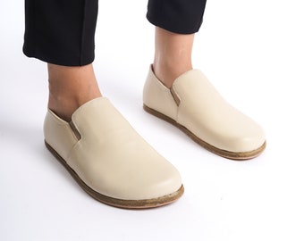 Cream Barefoot Loafers for Women, Beige Slip-On, Elastic Barefoot Loafer, Natural Leather Grounding Sandals, Lightweight and Comfortable