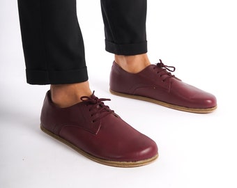 Burgundy Barefoot Lace Up Oxford Shoes, Red Oxford Shoes Men, Zero Drop Oxfords, Red Leather Grounding Shoes, Barefoot Wide Toe Moccasins