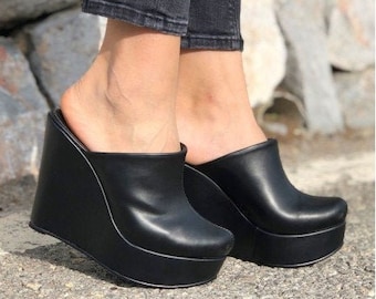 black leather wedge mules