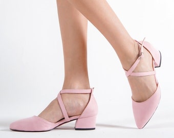 PINK CROSS SHOES, Pink Low Block Heels, Wedding Flats for Bride, Bridal Shoes, Suede Leather Shoes, Criss Cross Wedding Shoes