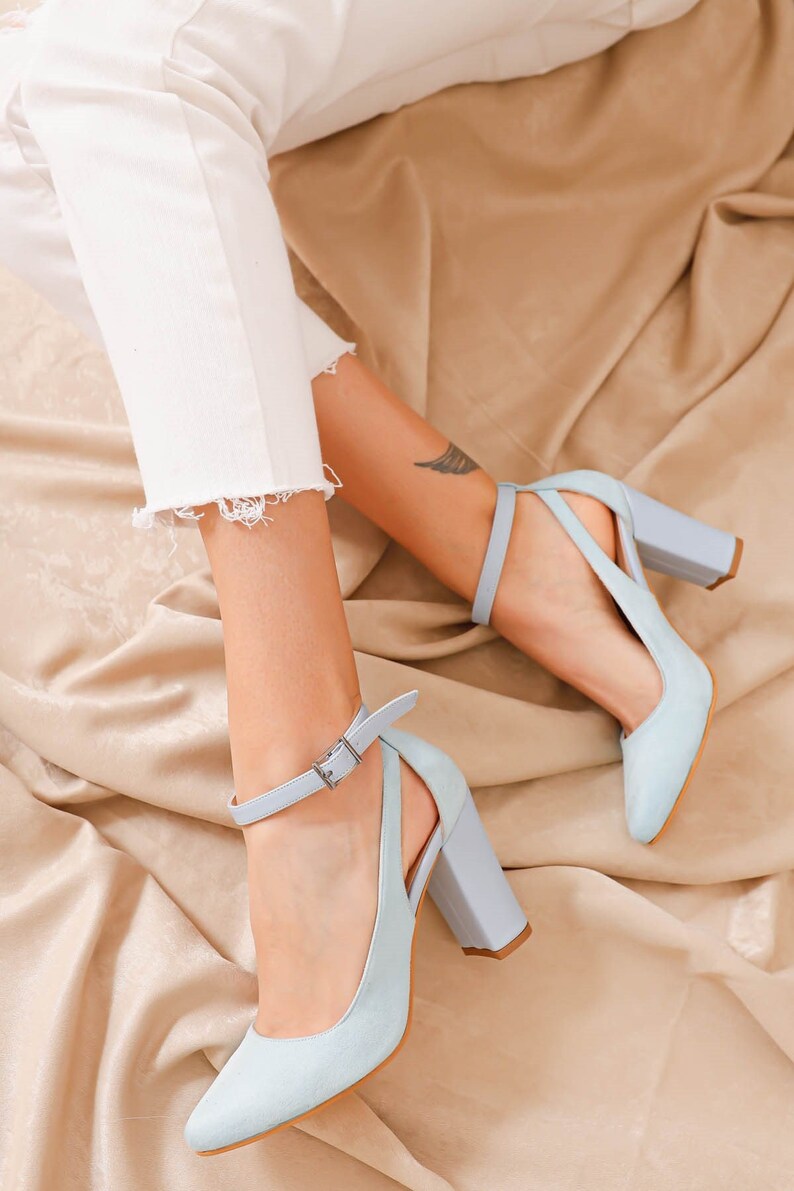 BLUE HEELS SHOES, Bridal Ankle Heels, Baby Blue Stripe Shoes, Modern Women Suede Leather Shoes, Light Blue High Heel Shoes, Gift for Wife