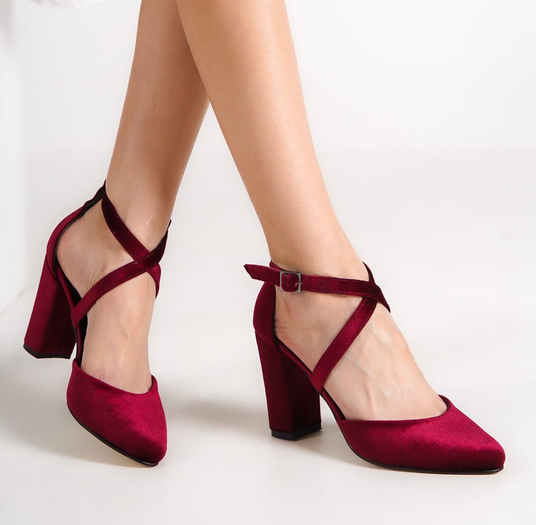 BURGUNDY VELVET HEELS, Burgundy Bridal Block High Heels, Dark Red