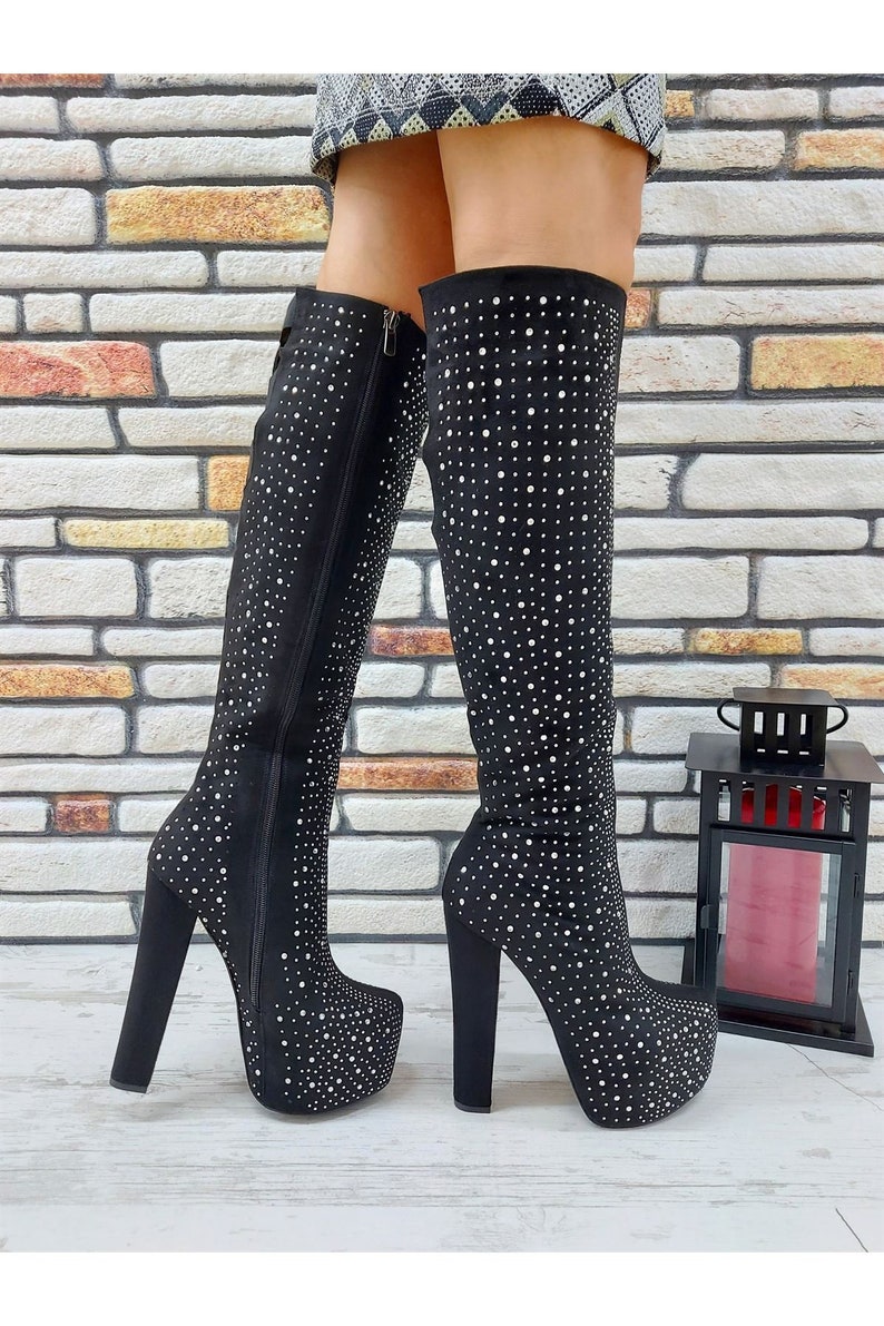 BLACK GLITTERY BOOTS Knee High Heel Boots With Glitters Etsy