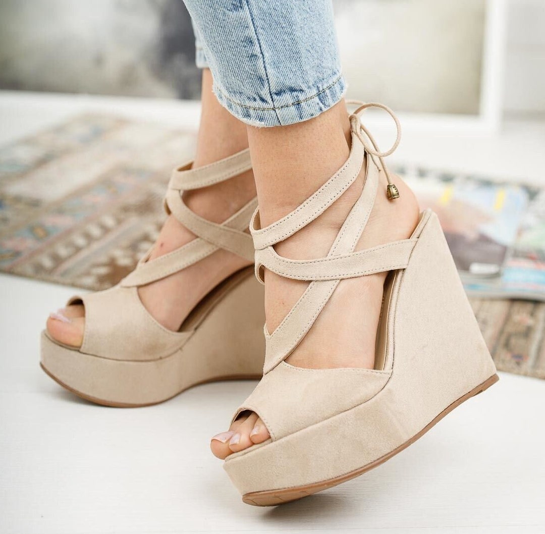 Måge regnskyl Hører til CREAM WEDGE HEELS Criss Cross Strap Sandals Suede Leather - Etsy Norway